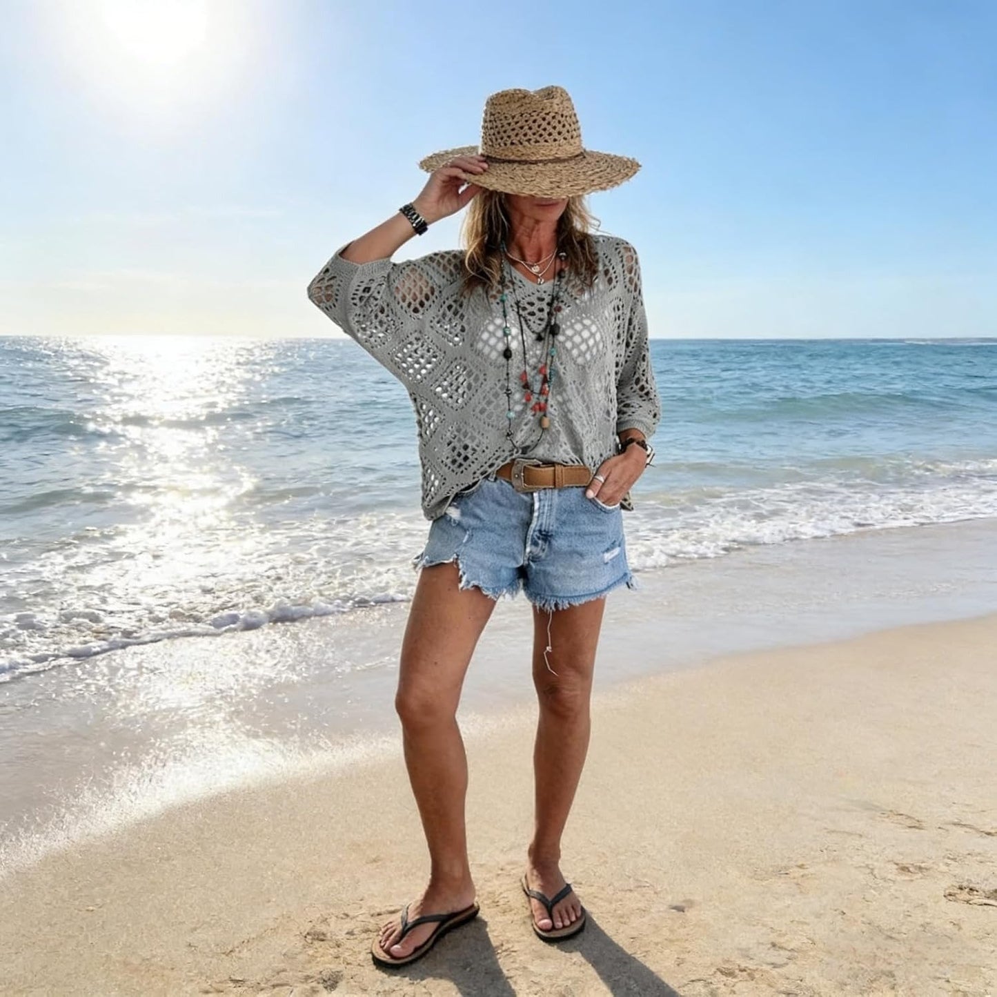 🌿 Handmade Crochet V‐Neck Boho Top | Apricot Summer Essential