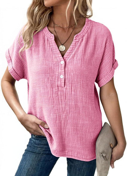 🔥Last Day 49% OFF-🎁Women's Summer 2026 Boho Tops Casual Button Short Sleeve V Neck Shirts Solid Cotton Blouses