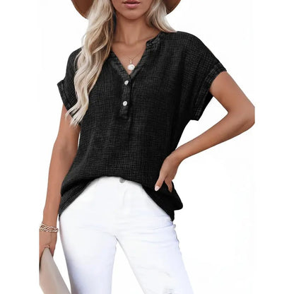 🔥Last Day 49% OFF-🎁Women's Summer 2026 Boho Tops Casual Button Short Sleeve V Neck Shirts Solid Cotton Blouses
