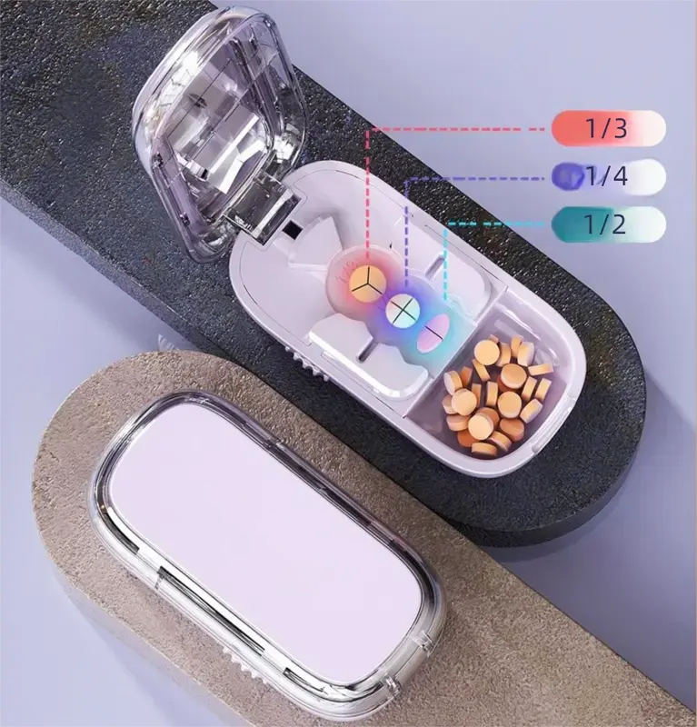 Upgrade-Designed Compact Pill Splitter Box-3-in-1 Medicine Cutter for 1/4 1/2 & 1/3 Doses