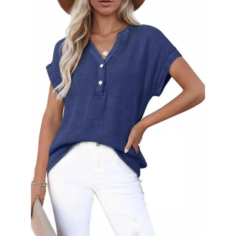 🔥Last Day 49% OFF-🎁Women's Summer 2026 Boho Tops Casual Button Short Sleeve V Neck Shirts Solid Cotton Blouses