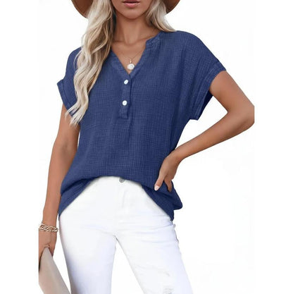 🔥Last Day 49% OFF-🎁Women's Summer 2026 Boho Tops Casual Button Short Sleeve V Neck Shirts Solid Cotton Blouses