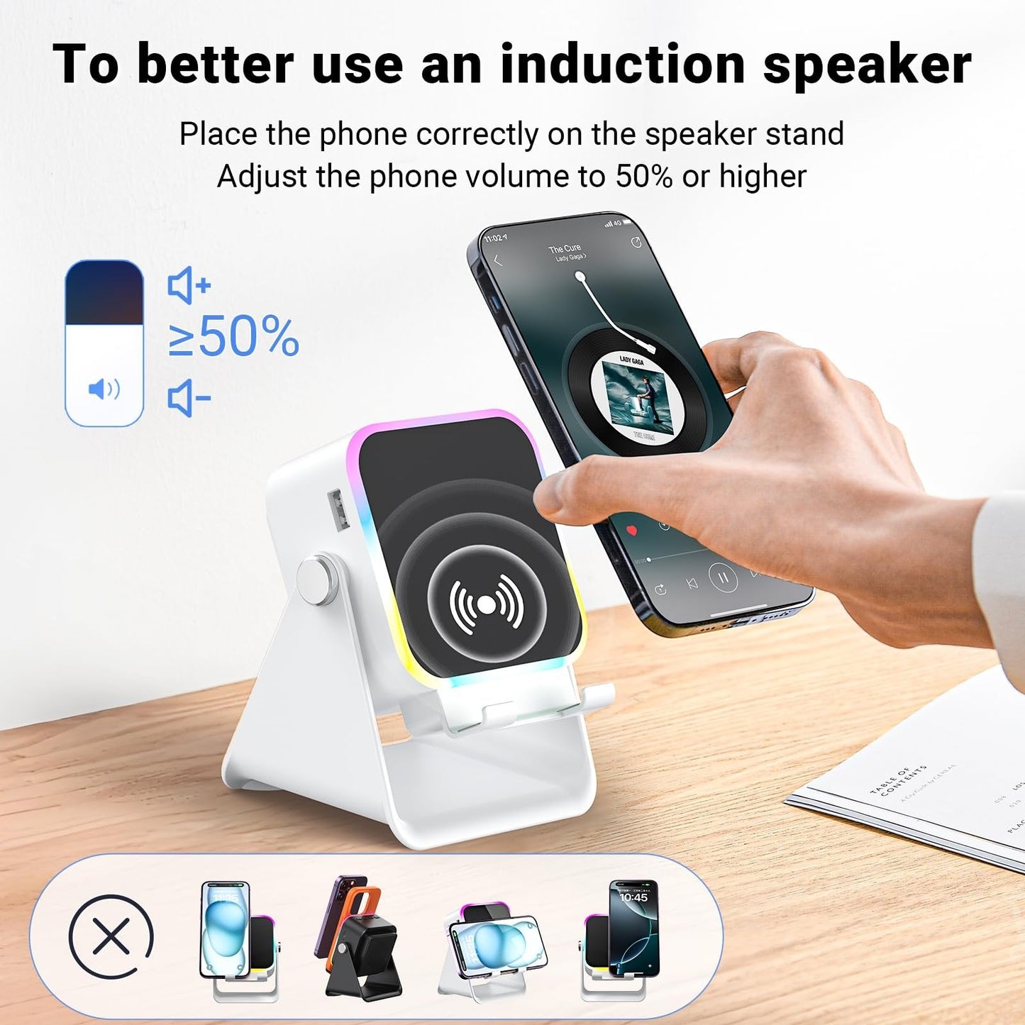 Wireless Induction Speaker 5-in-1 Bluetooth Speaker with Phone Stand,Stereo Sound