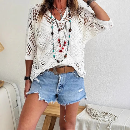 🌿 Handmade Crochet V‐Neck Boho Top | Apricot Summer Essential
