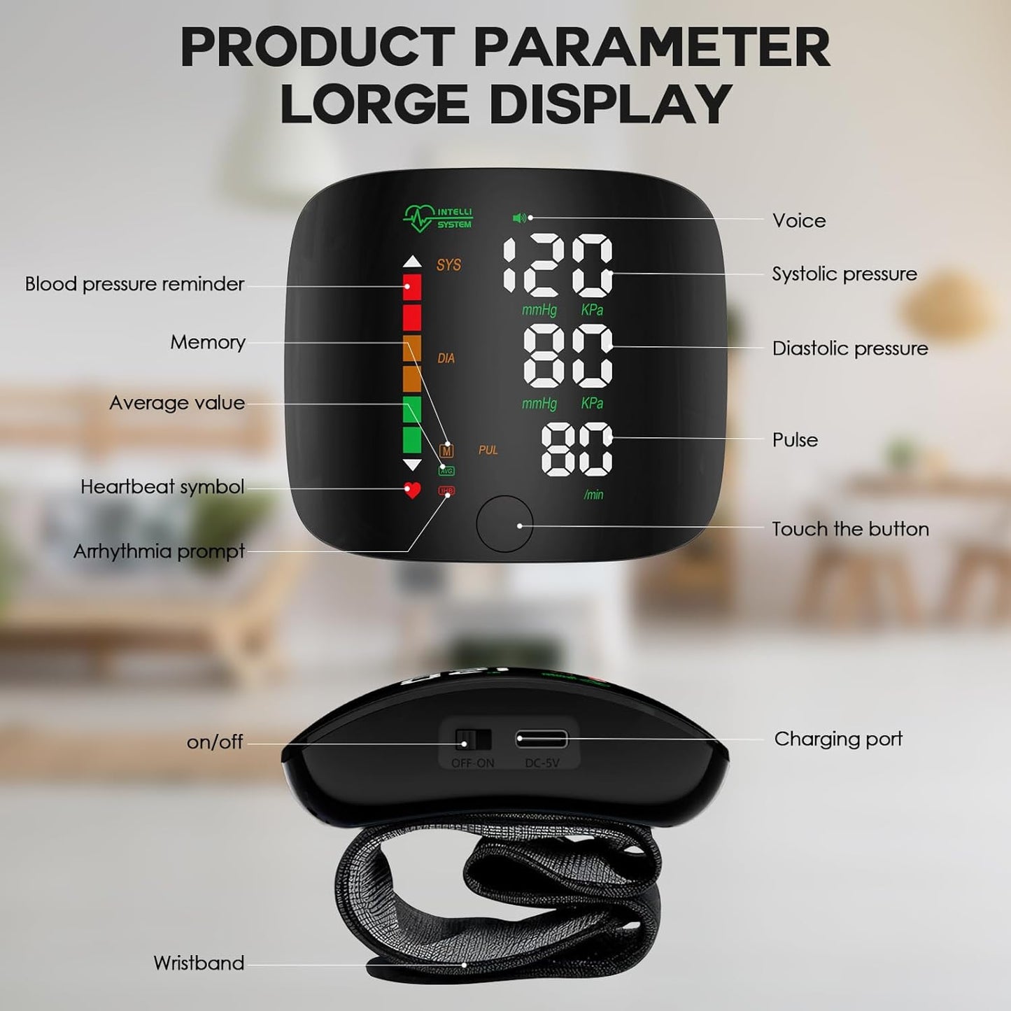Wrist Blood Pressure Monitor, LED Display, Touchscreen Wrist Cuff