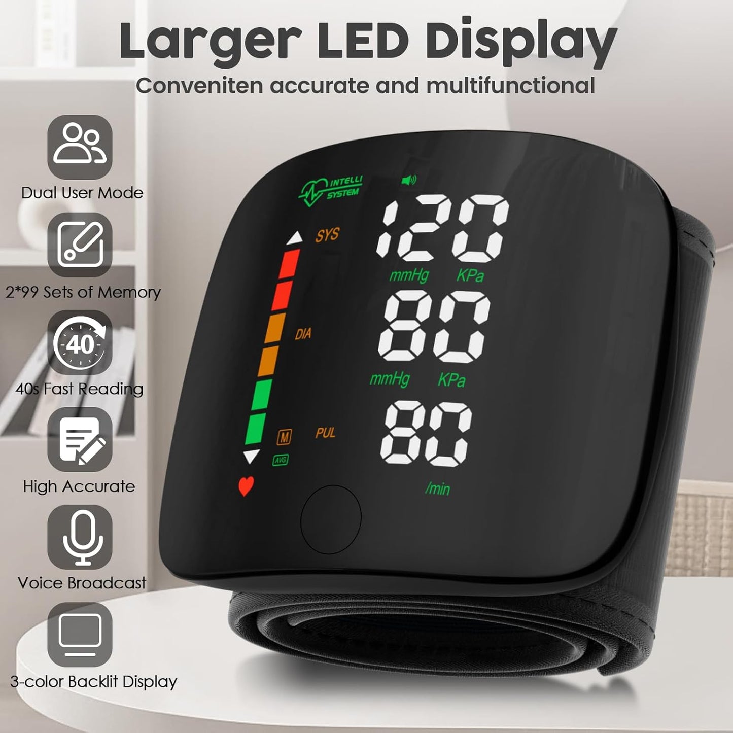 Wrist Blood Pressure Monitor, LED Display, Touchscreen Wrist Cuff