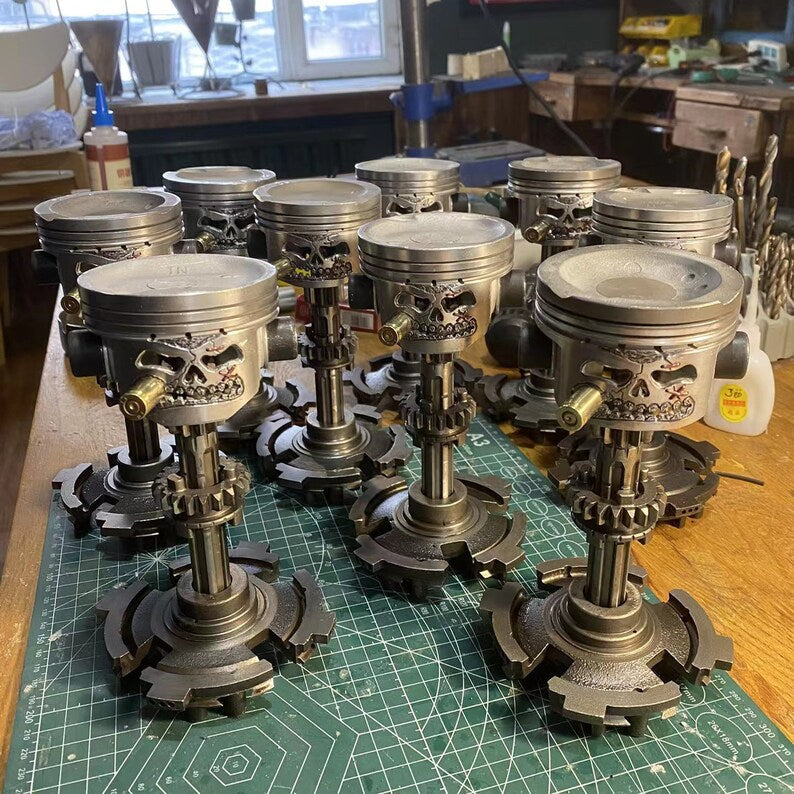 Custom Piston Skull Sculpture on Gear Base