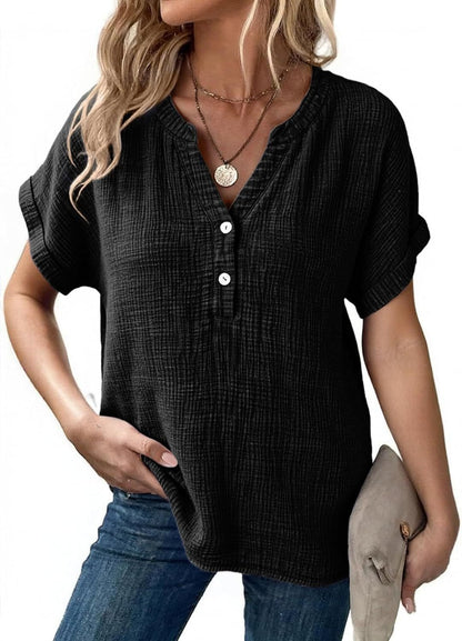 🔥Last Day 49% OFF-🎁Women's Summer 2026 Boho Tops Casual Button Short Sleeve V Neck Shirts Solid Cotton Blouses