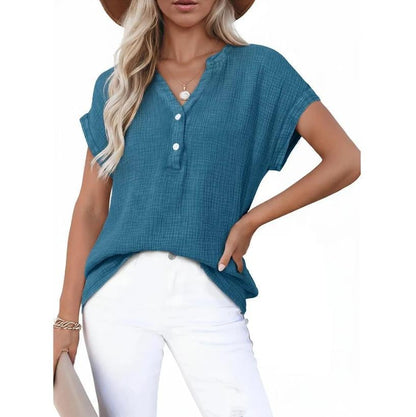 🔥Last Day 49% OFF-🎁Women's Summer 2026 Boho Tops Casual Button Short Sleeve V Neck Shirts Solid Cotton Blouses