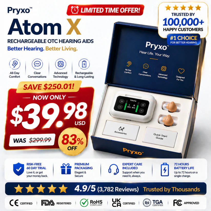 🔥 Only 1 Hours Left! 👂 Pryxo™ Atom X Smart Hearing Aids — Clearer Sound, More Comfortable Living 💖🔊
