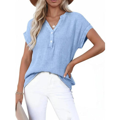 🔥Last Day 49% OFF-🎁Women's Summer 2026 Boho Tops Casual Button Short Sleeve V Neck Shirts Solid Cotton Blouses