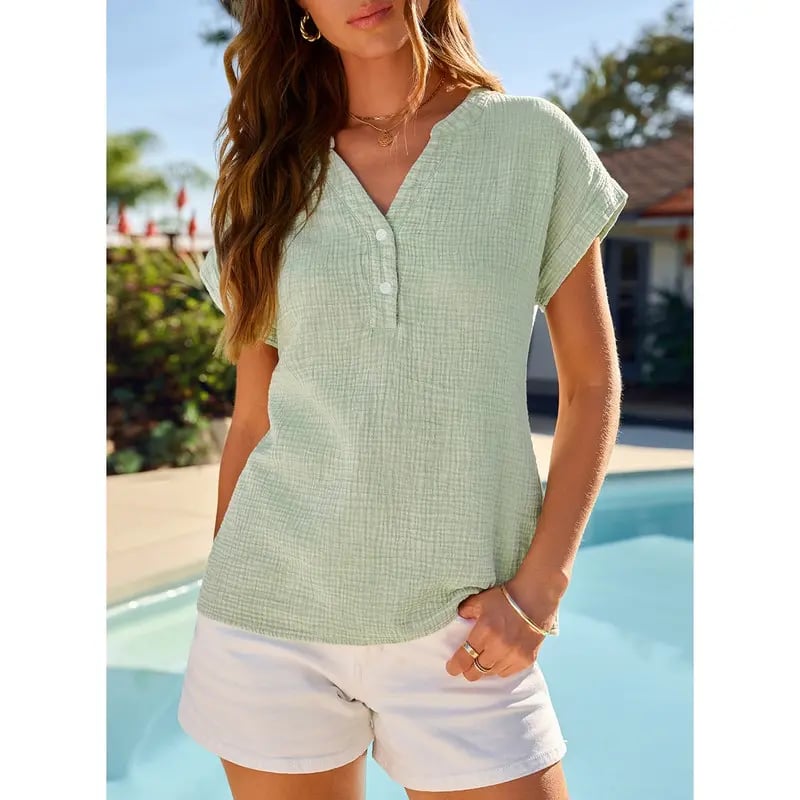🔥Last Day 49% OFF-🎁Women's Summer 2026 Boho Tops Casual Button Short Sleeve V Neck Shirts Solid Cotton Blouses