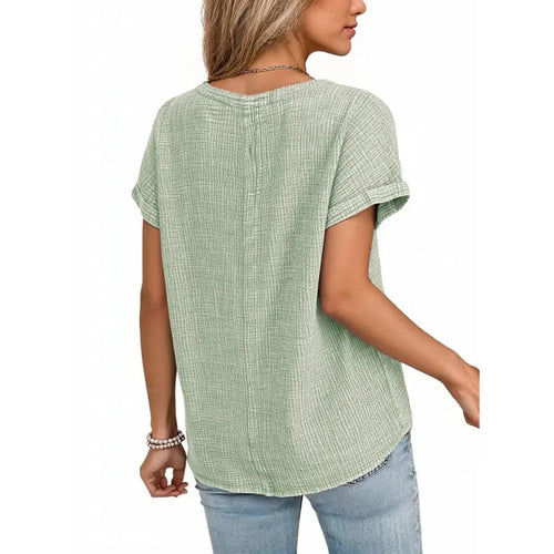 🔥Last Day 49% OFF-🎁Women's Summer 2026 Boho Tops Casual Button Short Sleeve V Neck Shirts Solid Cotton Blouses