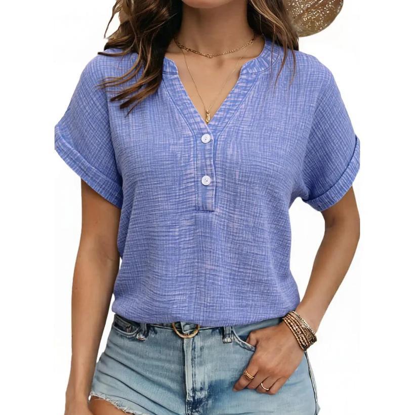 🔥Last Day 49% OFF-🎁Women's Summer 2026 Boho Tops Casual Button Short Sleeve V Neck Shirts Solid Cotton Blouses