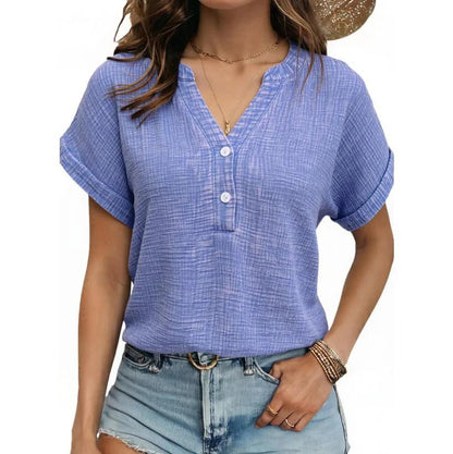🔥Last Day 49% OFF-🎁Women's Summer 2026 Boho Tops Casual Button Short Sleeve V Neck Shirts Solid Cotton Blouses