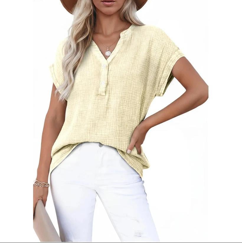 🔥Last Day 49% OFF-🎁Women's Summer 2026 Boho Tops Casual Button Short Sleeve V Neck Shirts Solid Cotton Blouses