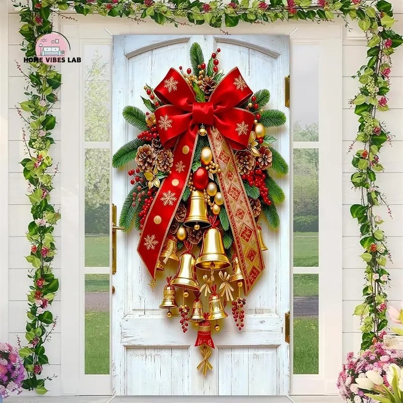 Christmas Door Covers,Decorative Bow Bell Wreath Christmas Door Wraps